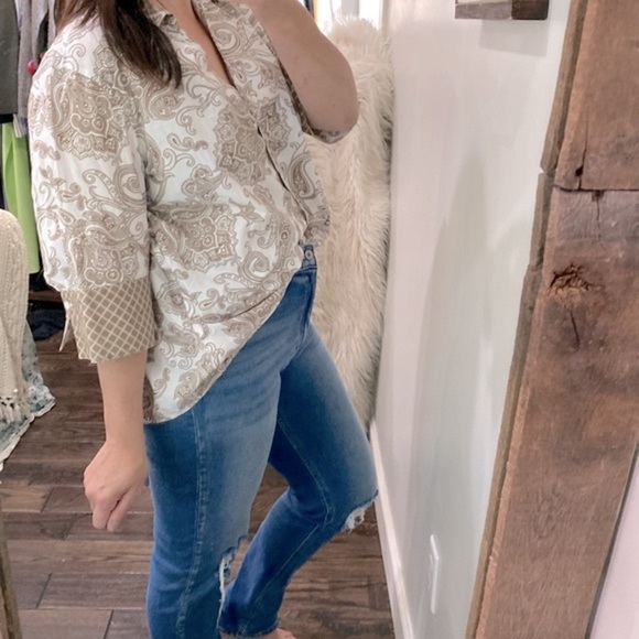 Coldwater creek tan & white floral cotton button down shirt size 2X - Picture 3 of 10